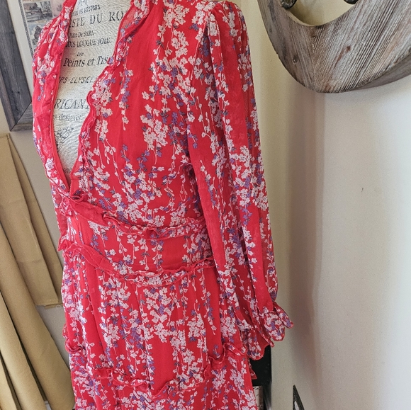 Red Floral Ruffle Open Back Dress M Medium Long Balloon Poof Sleeve - Picture 8 of 11